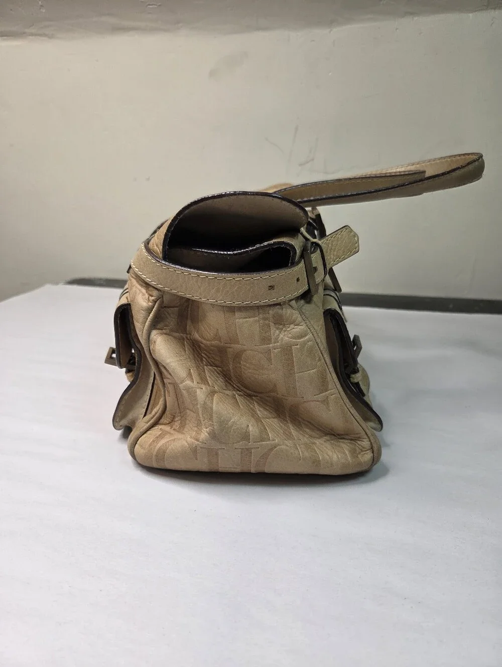 Carolina Herrera Beige Croc-Embossed Leather Satchel with Front Pockets